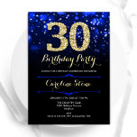 Invitation Bleu Royal Or 30e Anniversaire<br><div class="desc">Invitation d'anniversaire 30 ans. Design élégant bleu royal avec faux paillettes or. Caractéristiques diamants stylés, lumières bokeh et police de caractères script. Invitation d'anniversaire pour femmes ou hommes. Parfait pour une fête d'anniversaire adulte stylée. Personnalisez avec vos propres détails. Messagez-moi si vous avez besoin d'une personnalisation supplémentaire. Cartes d'invitation Zazzle...</div>