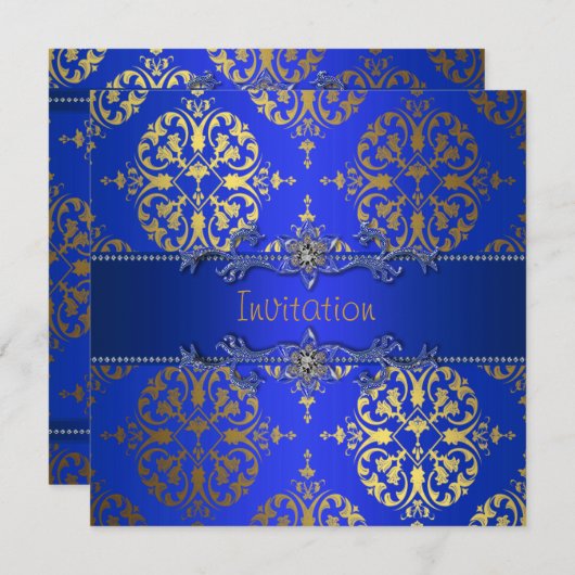 Invitation Bleu Royal Or Damassé Fête Toute Occasion (Devant / Derrière)