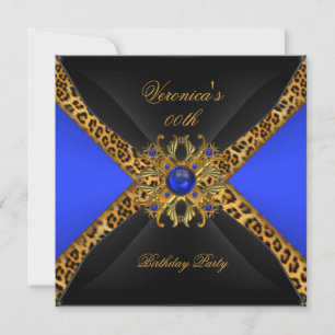Invitation Bleu Royal Or Noir Léopard Bijou Fête d'Anniversai