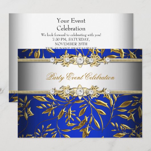 Invitation Bleu Royal Or Regardé Élégant Fête (Devant / Derrière)
