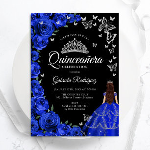 Invitation Bleu royal papillons Rose Quinceanera