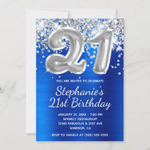 Invitation Bleu royal Parties scintillant d'argent 21e annive