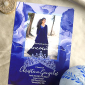 Invitation Bleu royal, Roses blanches, Topaz Tiara Quinceaner