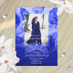 Invitation Bleu royal, Roses blanches, Topaz Tiara Quinceaner