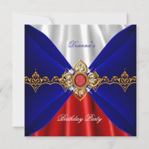 Invitation Bleu Royal Rouge Blanc Anniversaire Or Soie Bijou