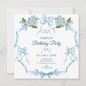 Invitation Bleu ruban fleuri anniversaire (Devant)