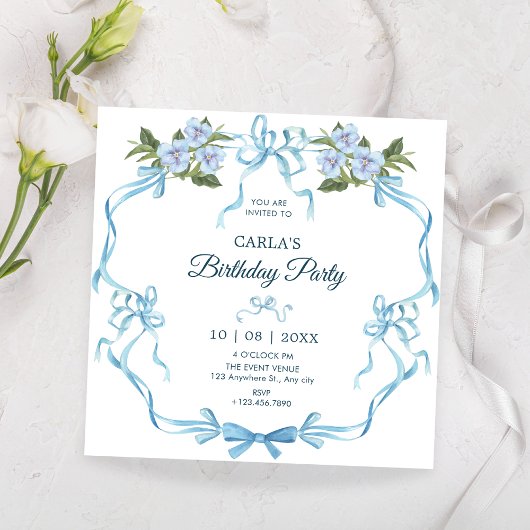 Invitation Bleu ruban fleuri anniversaire