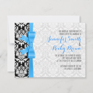 Invitation Bleu Ruban Noir Et Blanc Damas Mariage