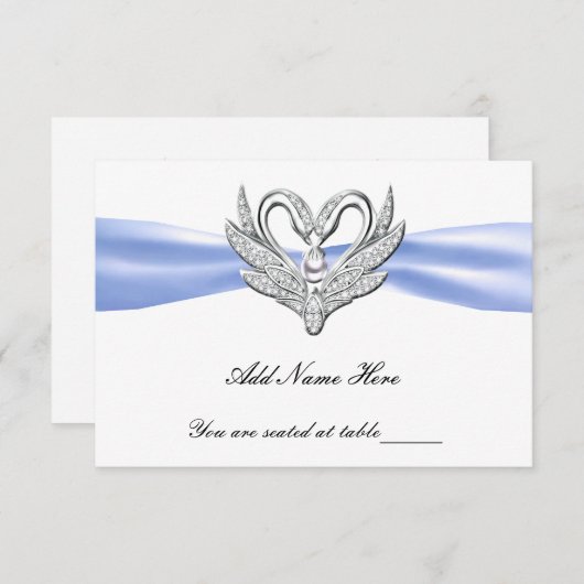 Invitation Bleu Ruban Swans en argent Table Place Card (Devant / Derrière)