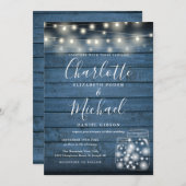 Invitation Bleu Russe Chaîne de bois Lumières Mason Jars Mari (Devant / Derrière)
