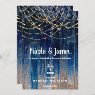 Invitation Bleu Rustic Coastal Barn Wood Bokeh Light Mariage