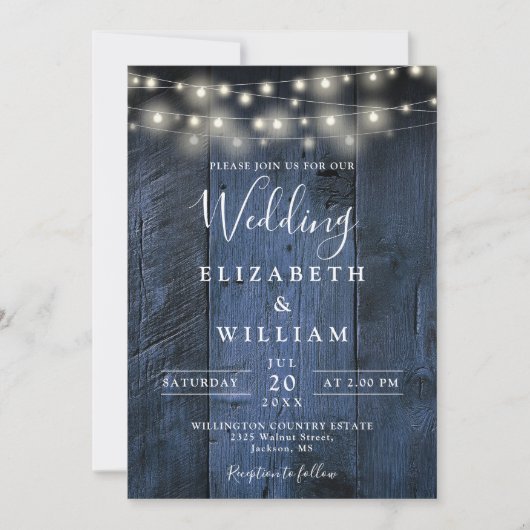 Invitation Bleu Rustique Barne Bois Chaîne Mariage (Devant)