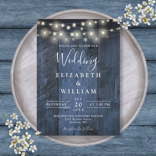 Invitation Bleu Rustique Barne Bois Chaîne Mariage