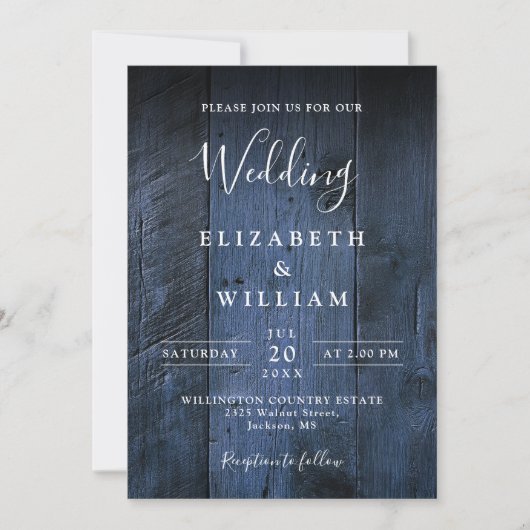Invitation Bleu Rustique Boho Élégant Mariage en bois de gran (Devant)