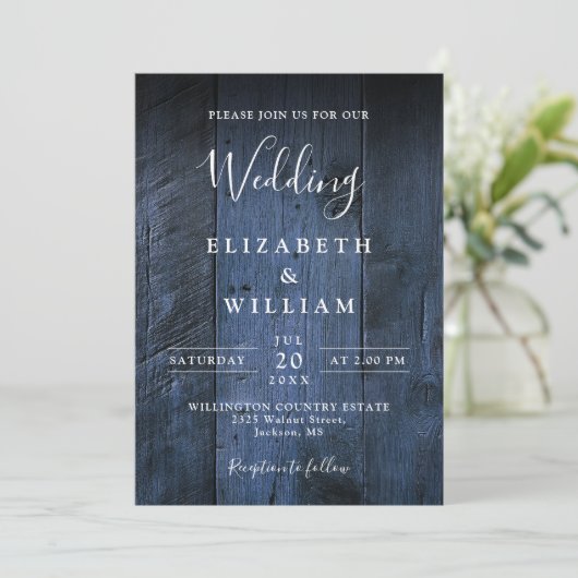 Invitation Bleu Rustique Boho Grange Mariage QR Code (Debout devant)