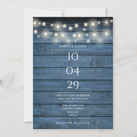 Invitation Bleu Rustique Bois Chaîne Lumières Mariage Date (Devant)