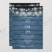 Invitation Bleu Rustique Bois Chaîne Lumières Mariage Date (Devant / Derrière)