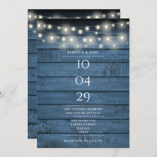 Invitation Bleu Rustique Bois Chaîne Lumières Mariage Date (Devant / Derrière)