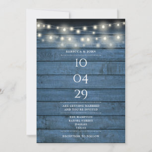 Invitation Bleu Rustique Bois Chaîne Lumières Mariage Date