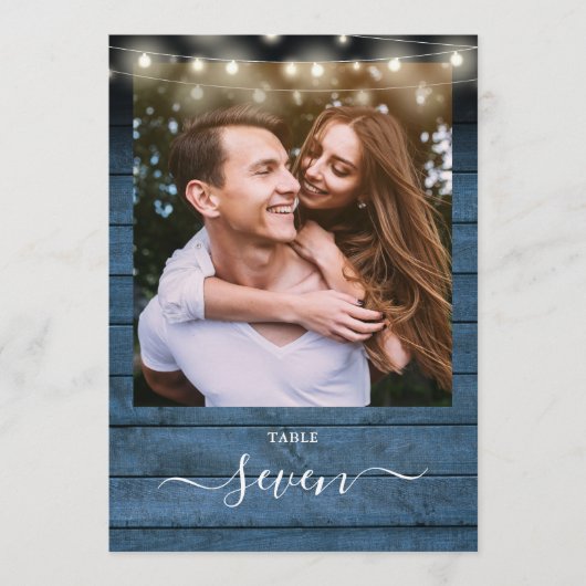 Invitation Bleu Rustique Bois Chaîne Lumières Numéro de la ta (Devant)