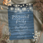 Invitation Bleu Rustique Bois Chaîne Lumières Parti de retrai<br><div class="desc">Doté de lampes à cordes sur un arrière - plan de panneaux de bois bleu rustique,  cette invitation à la retraite élégante peut être personnalisée avec vos informations d'événement spécial. Conçu par Thisisnotme©</div>