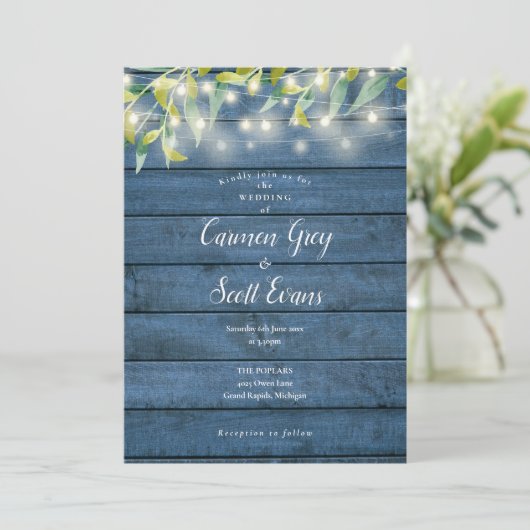 Invitation Bleu Rustique Bois Eucalyptus Mariage (Debout devant)