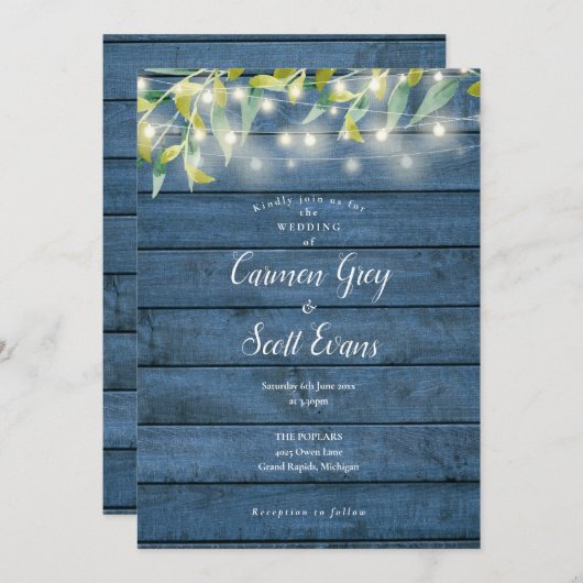 Invitation Bleu Rustique Bois Eucalyptus Mariage (Devant / Derrière)