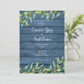 Invitation Bleu Rustique Bois Eucalyptus Mariage de verdure (Debout devant)
