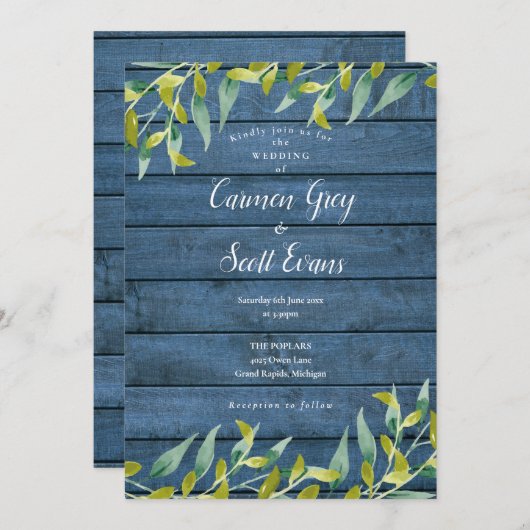 Invitation Bleu Rustique Bois Eucalyptus Mariage de verdure (Devant / Derrière)