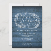 Invitation Bleu Rustique Bois Floral Garland Script Mariage (Devant)