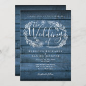 Invitation Bleu Rustique Bois Floral Garland Script Mariage (Devant / Derrière)