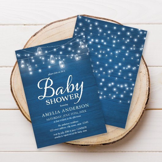 Invitation Bleu rustique bois Mason jarres et Baby shower lum