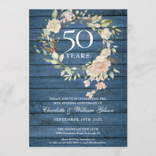 Invitation Bleu Rustique Bois Rose Garland 50e anniversaire