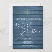 Invitation Bleu Rustique Bois Script Première Communion saint (Devant)