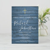 Invitation Bleu Rustique Bois Script Première Communion saint (Debout devant)