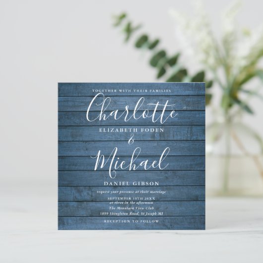 Invitation Bleu Rustique Bois Signature Script Mariage Photo (Debout devant)