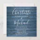 Invitation Bleu Rustique Bois Signature Script Mariage Photo (Devant)
