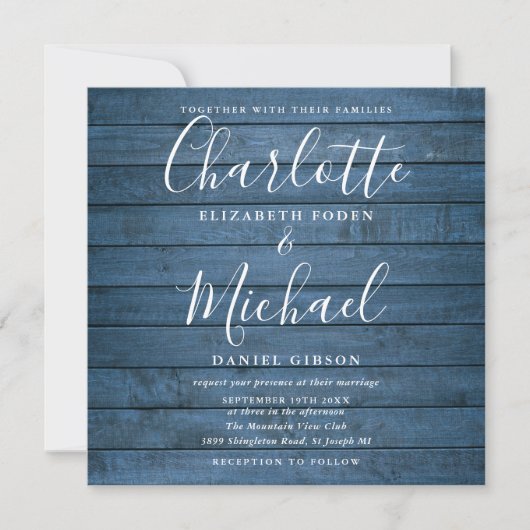 Invitation Bleu Rustique Bois Signature Script Mariage Photo (Devant)