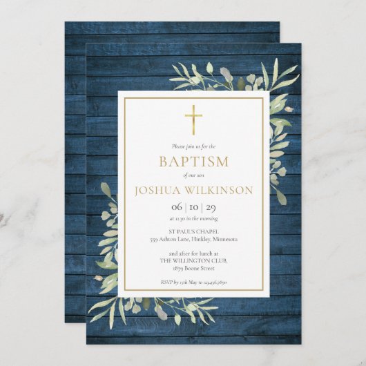 Invitation Bleu Rustique Bois Vert Baptême Baptême Christenin (Devant / Derrière)