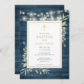 Invitation Bleu Rustique Bois Vert Baptême Baptême Christenin (Devant / Derrière)