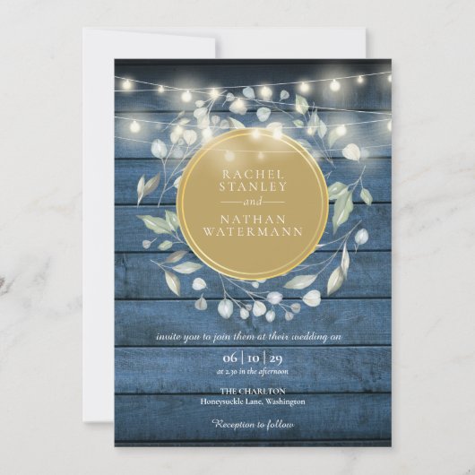 Invitation Bleu Rustique Bois vert String Mariage (Devant)