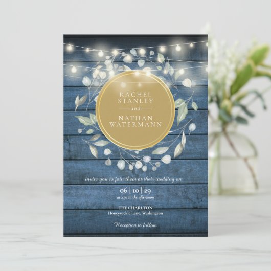 Invitation Bleu Rustique Bois vert String Mariage (Debout devant)