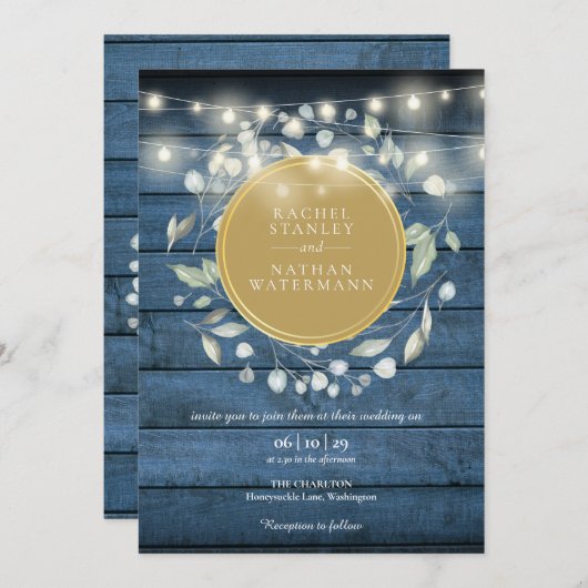 Invitation Bleu Rustique Bois vert String Mariage (Devant / Derrière)