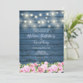 Invitation Bleu Rustique Chaîne de bois éclaire le Mariage Fl (Debout devant)