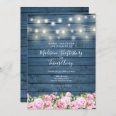 Invitation Bleu Rustique Chaîne de bois éclaire le Mariage Fl (Devant / Derrière)