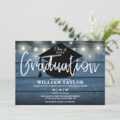 Invitation Bleu Rustique Chaîne de bois Lumières Graduation P (Debout devant)