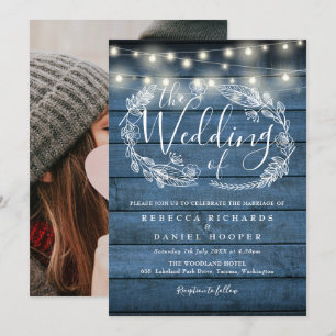 Invitation Bleu Rustique Chaîne éclaire Floral Mariage Photo