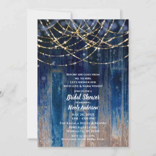 Invitation Bleu Rustique Côtier Grange Bois Bokeh Fête des ma (Devant)