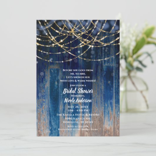 Invitation Bleu Rustique Côtier Grange Bois Bokeh Fête des ma (Debout devant)