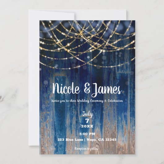 Invitation Bleu Rustique Côtier Grange Bois Bokeh Mariage lég (Devant)